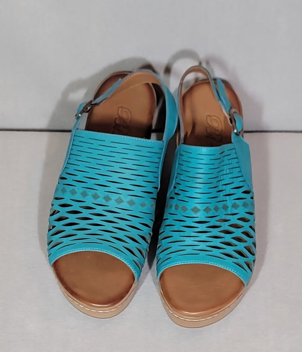 Biza Saint Teal Turquoise Leather Cork Wedge Sandals Size 39 US 8 8.5 Like New